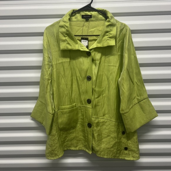 Damee Women Jacket S Lime Green Shimmer Textured Button Up 3/4Sleeve Art To Wear — photo 2